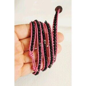 CHAN LUU NWT 5 WRAP PINK LEATHER ONYX NUGGET SKULL BRACELET 32"